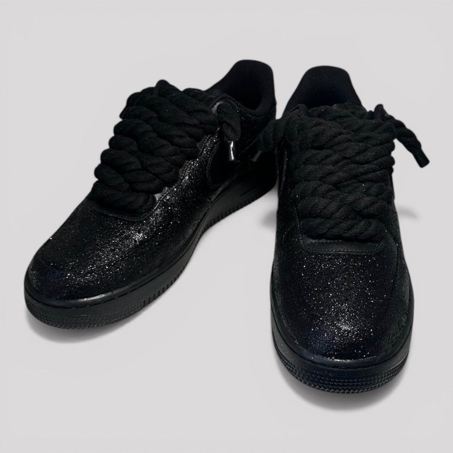 Custom black Nike Air Force 1 black rope laces front view both shoes