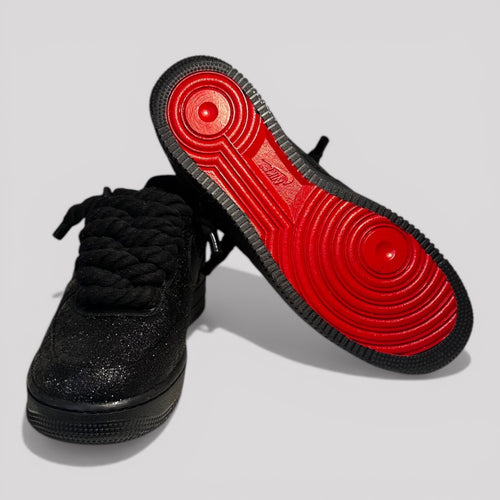 Custom black Nike Air Force 1 black rope laces red sole bottom view
