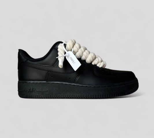 Black Nike AF1 with rope laces made by kosmo studio