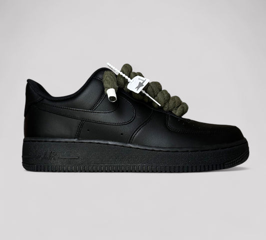 Black Nike air force 1 with kahki rope laces