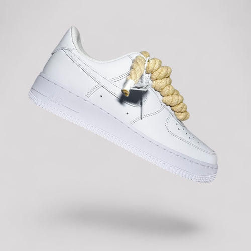 Custom white Nike Air Force 1 beige rope laces floating side view single shoe