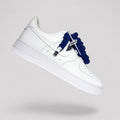 Custom white Nike Air Force 1 navy blue rope laces floating side view