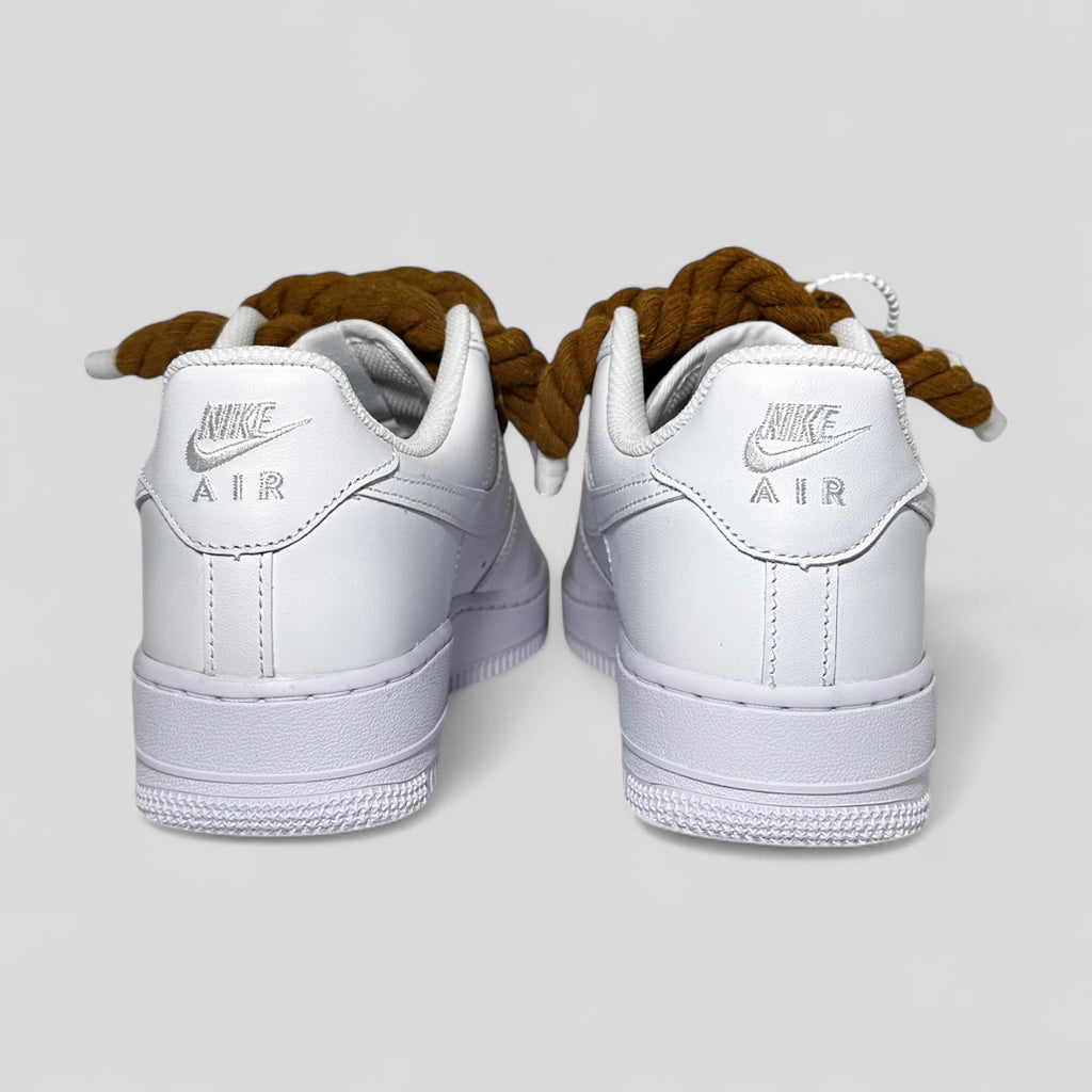 Custom white Nike Air Force 1 brown rope laces back view pair