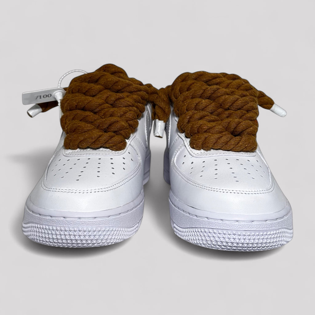 Custom white Nike Air Force 1 brown rope laces front view pair
