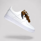 Custom white Nike Air Force 1 brown rope laces floating side view single shoe
