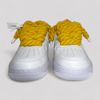 Nike Air Force 1 white with yellow rope laces front view both shoes product photo
