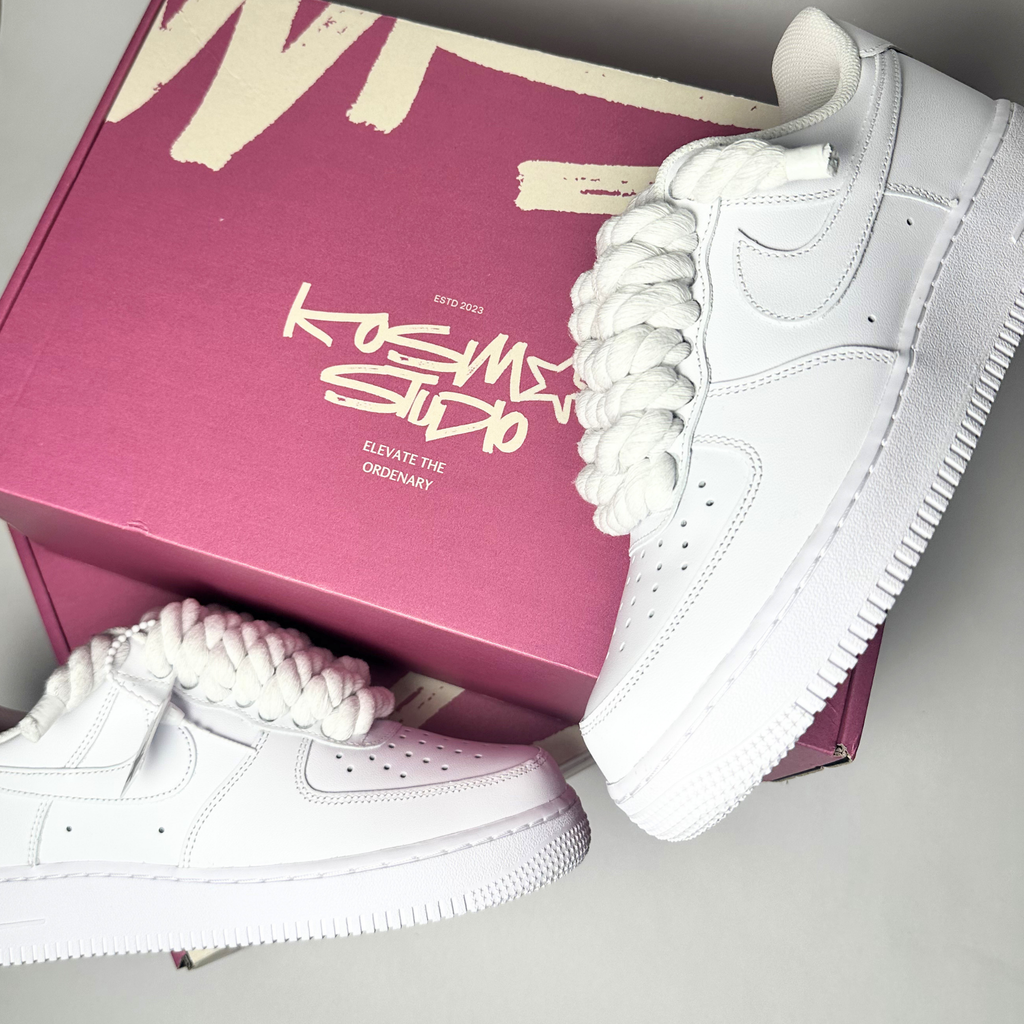 Nike Air Force 1 bílé Custom bílé tlusté rope laces – detail šněrování