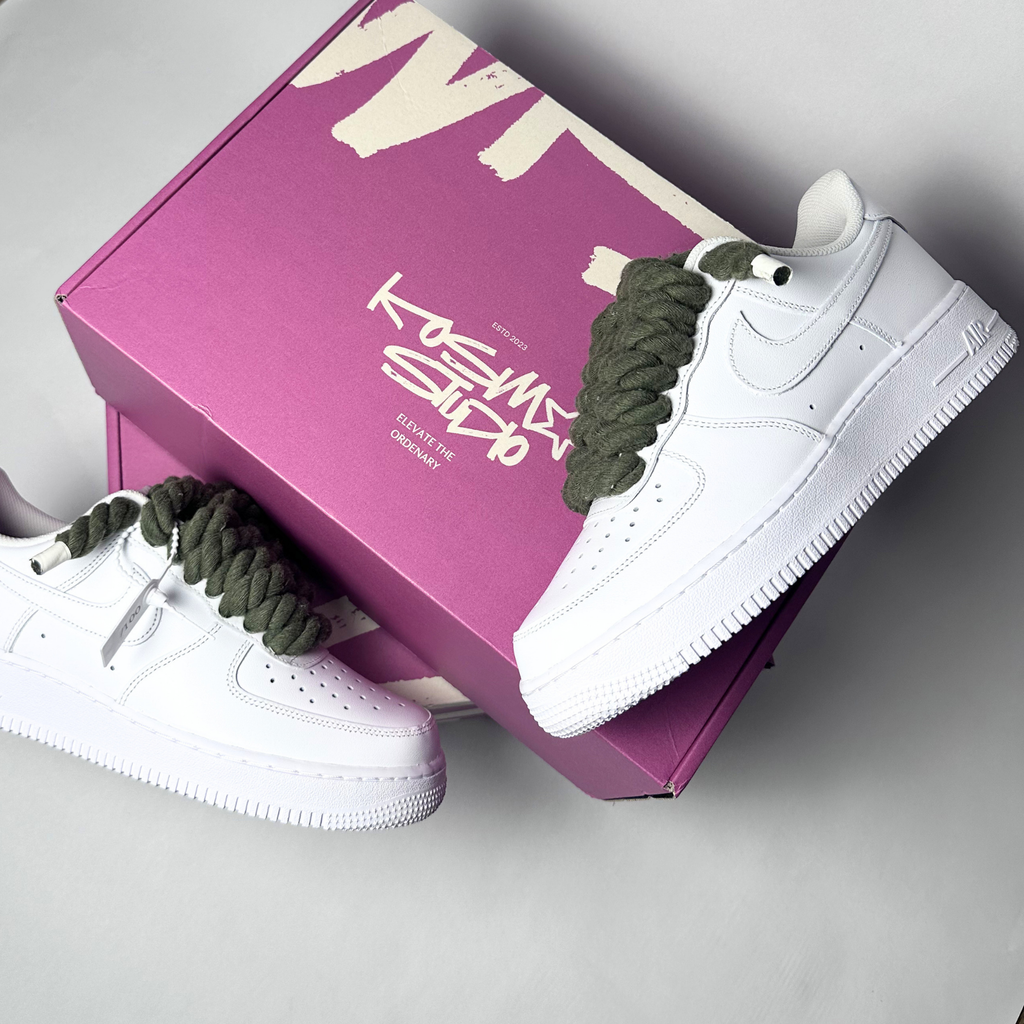 Nike Air Force 1 bílé Custom khaki tlusté rope laces