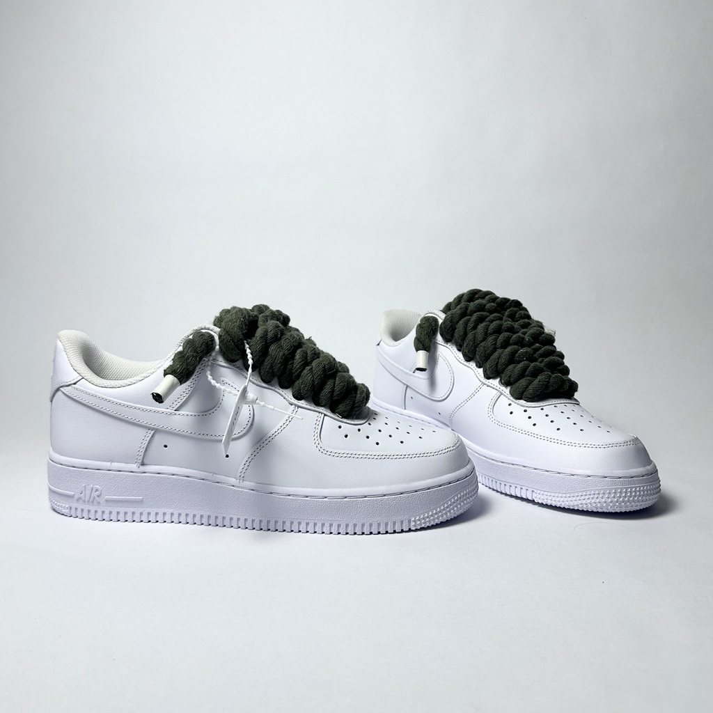 Nike Air Force 1 bílé Custom khaki tlusté rope laces