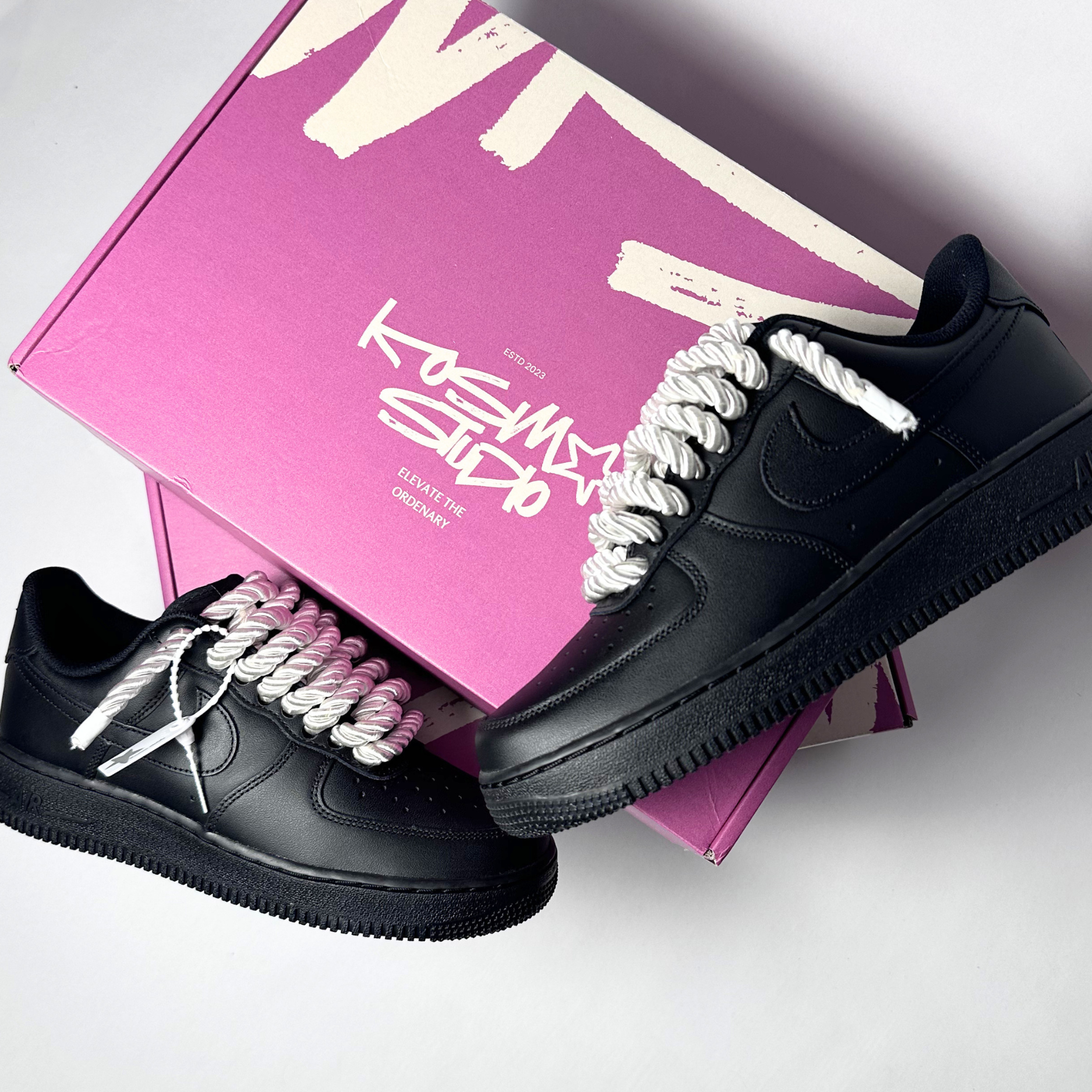 Nike Air Force 1 černé Custom krémové lesklé rope laces