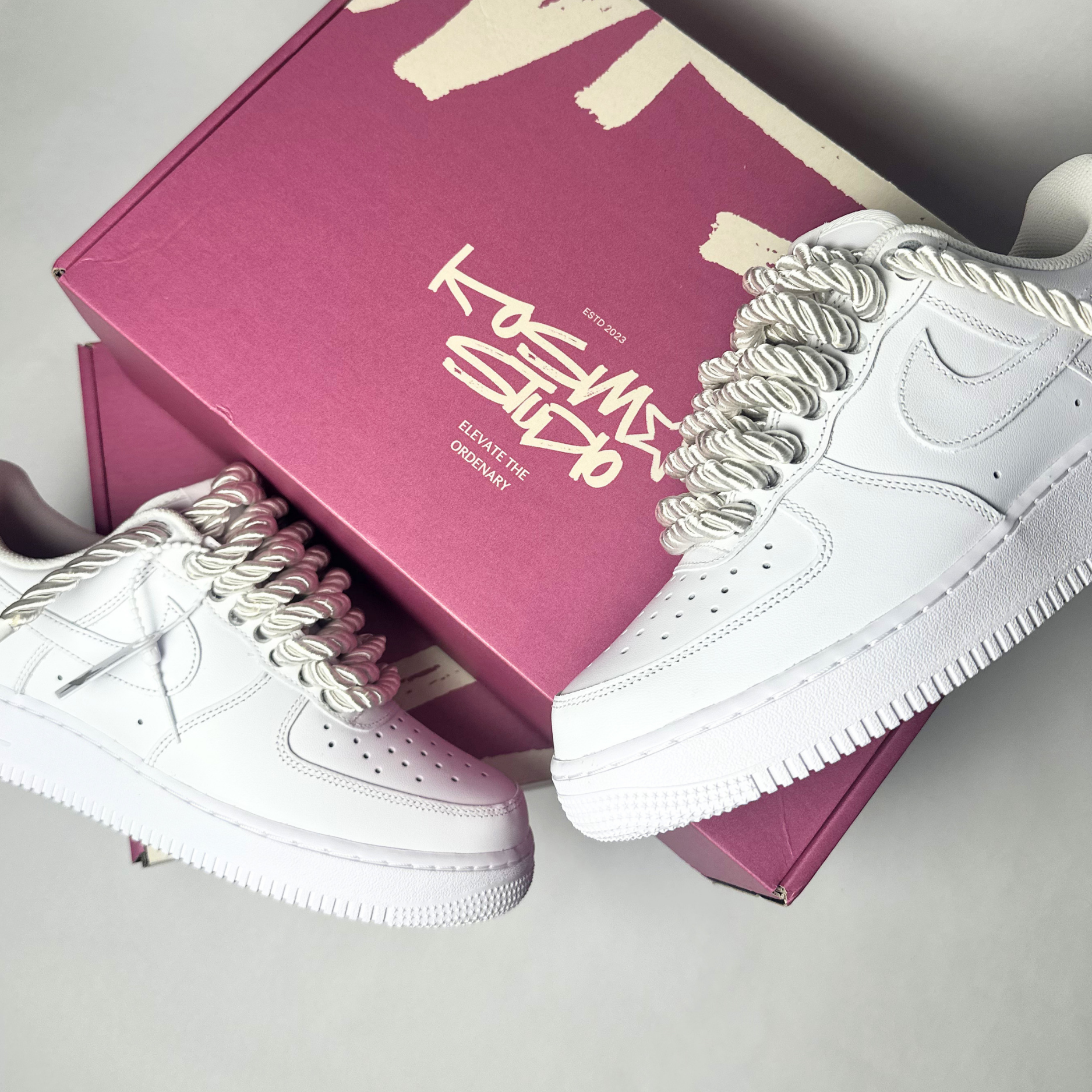Nike Air Force 1 bílé Custom perleťové lesklé rope laces