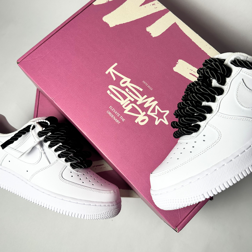 Nike Air Force 1 bílé Custom černé lesklé rope laces