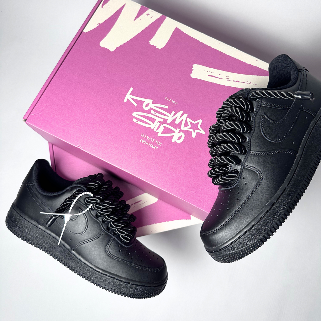Nike Air Force 1 černé Custom černé lesklé rope laces