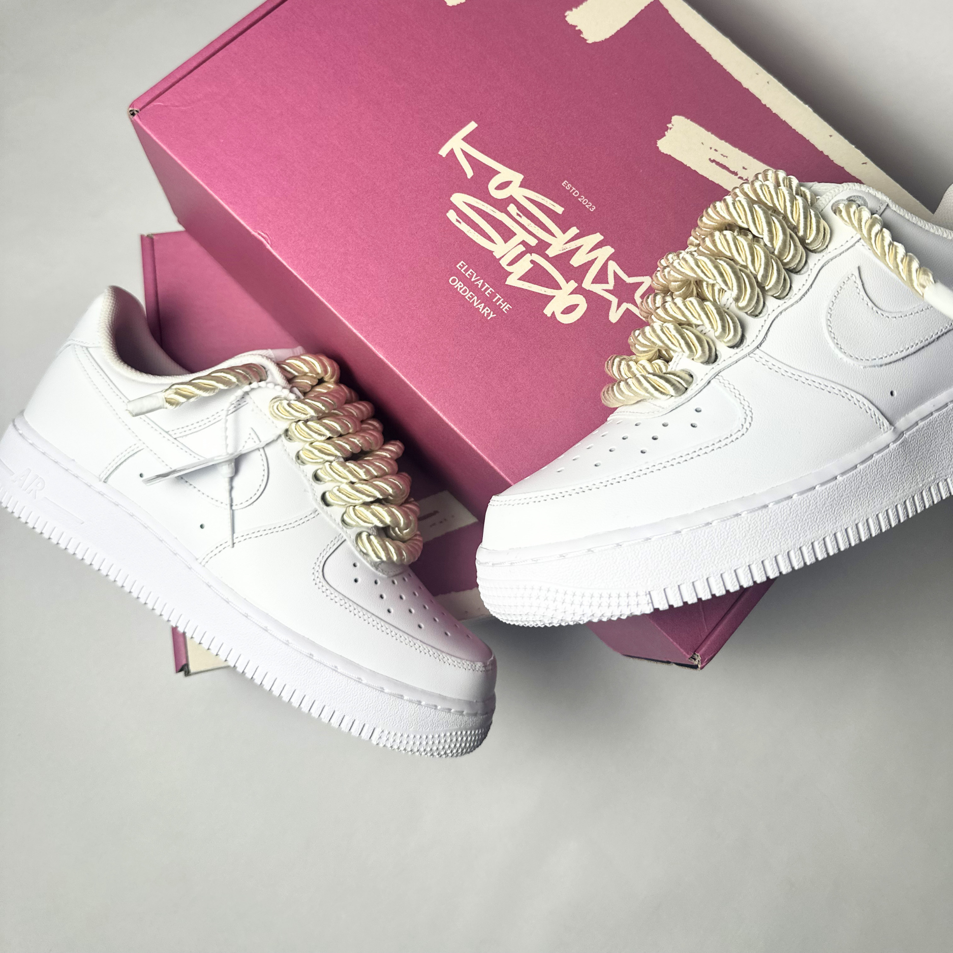 Nike Air Force 1 bílé Custom krémové lesklé rope laces