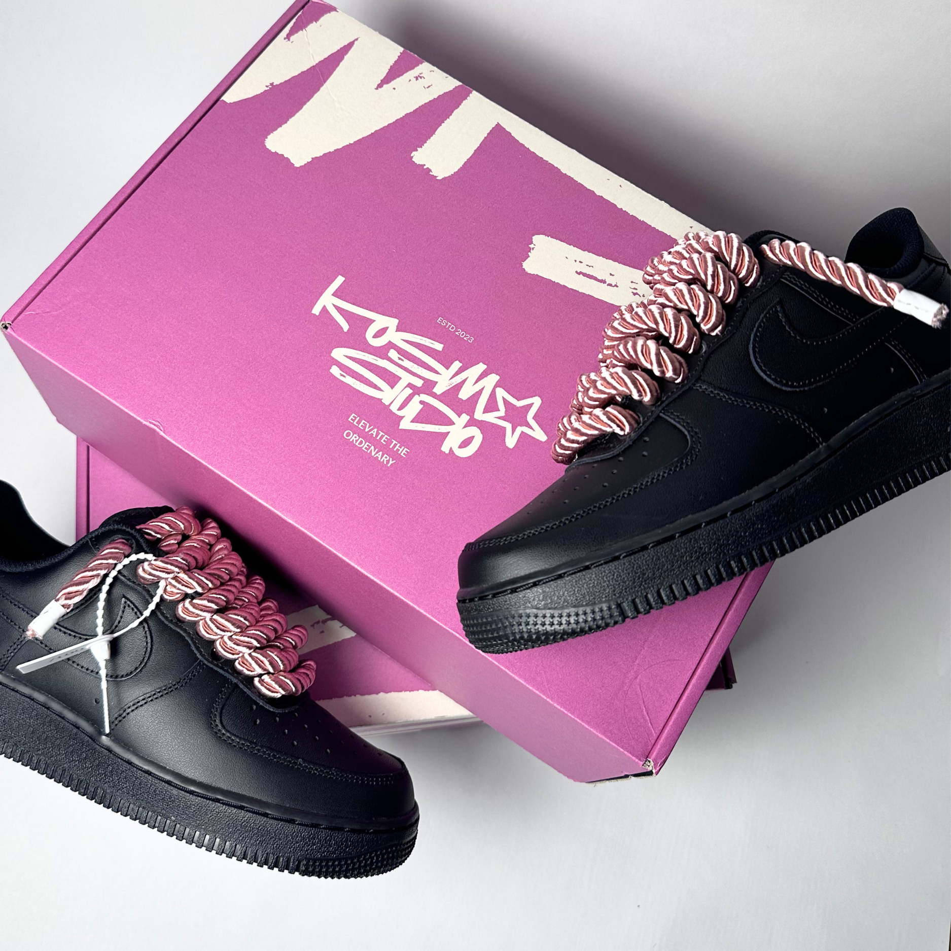 Nike Air Force 1 černé Custom růžové lesklé rope laces