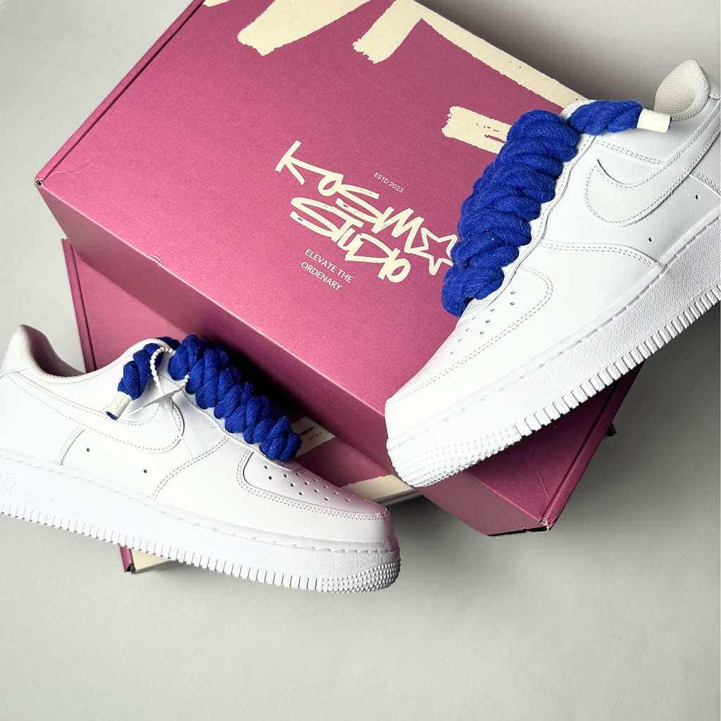Nike Air Force 1 bílé Custom modré tlusté rope laces – detail šněrování