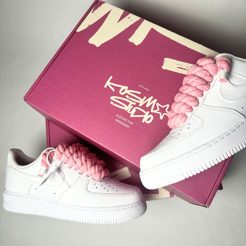 Nike Air Force 1 bílé Custom růžové tlusté rope laces