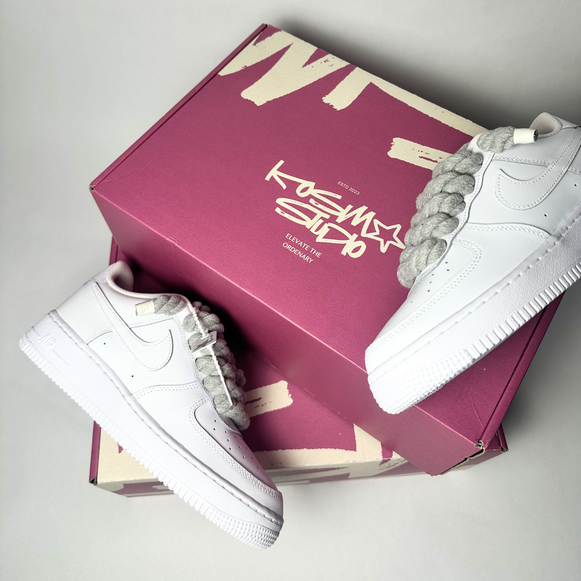 Nike Air Force 1 bílé Custom šedé tlusté rope laces