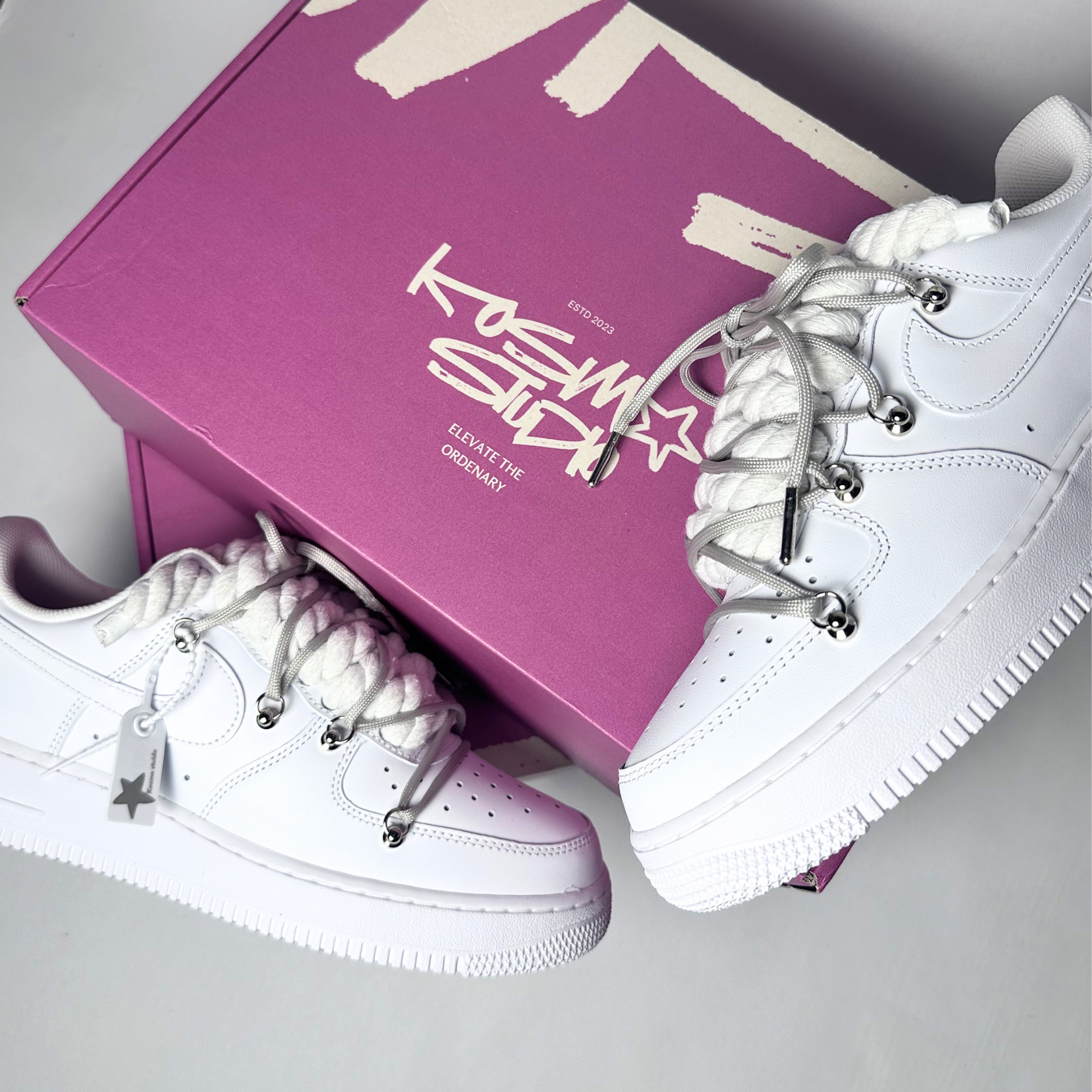Nike Air Force 1 Custom bíle rope laces s šedými Over laces