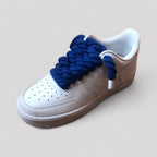 Custom white Nike Air Force 1 navy blue rope laces side view single shoe