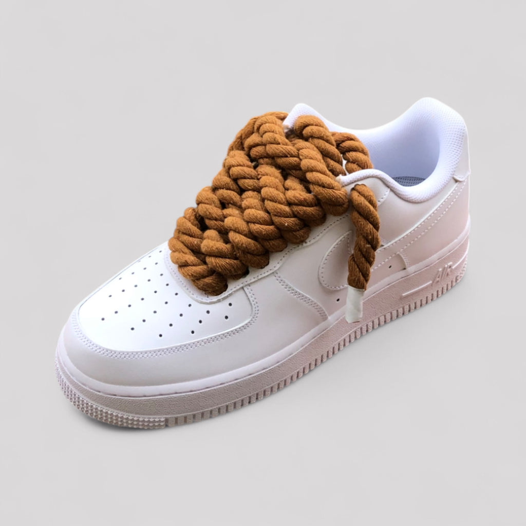Custom white Nike Air Force 1 brown rope laces top side view single shoe