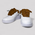 Custom white Nike Air Force 1 brown rope laces angled side view pair