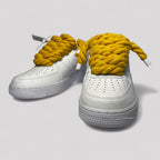 Custom white Nike Air Force 1 yellow rope laces front view pair